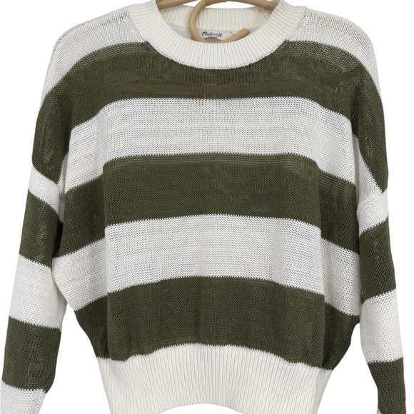 Madewell Loose Open Knit Crewneck Lightweight Sweater White Green Stripe NWT XS - Picture 10 of 12